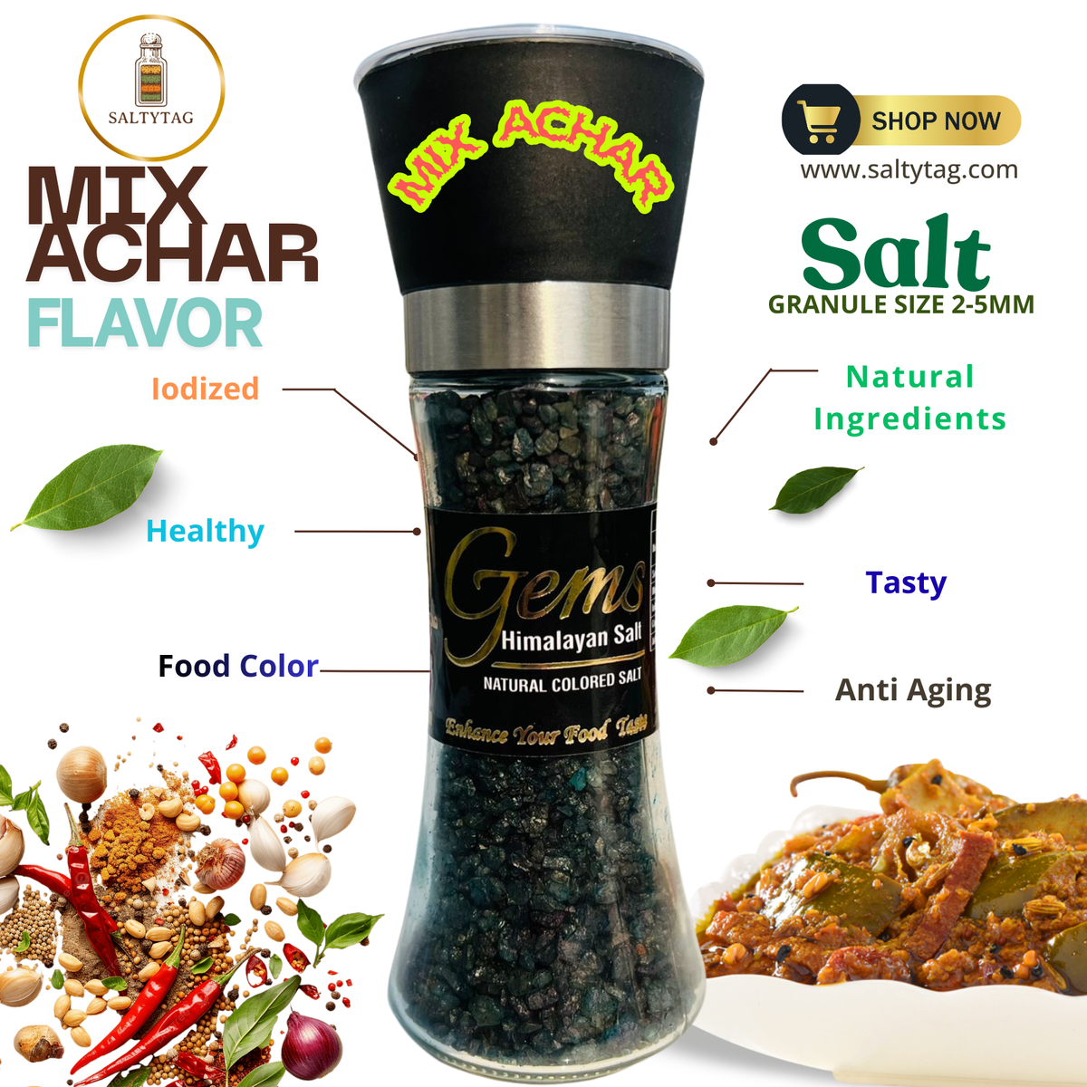Achar Flavor Gem's Himalayan Salt With Grinder
