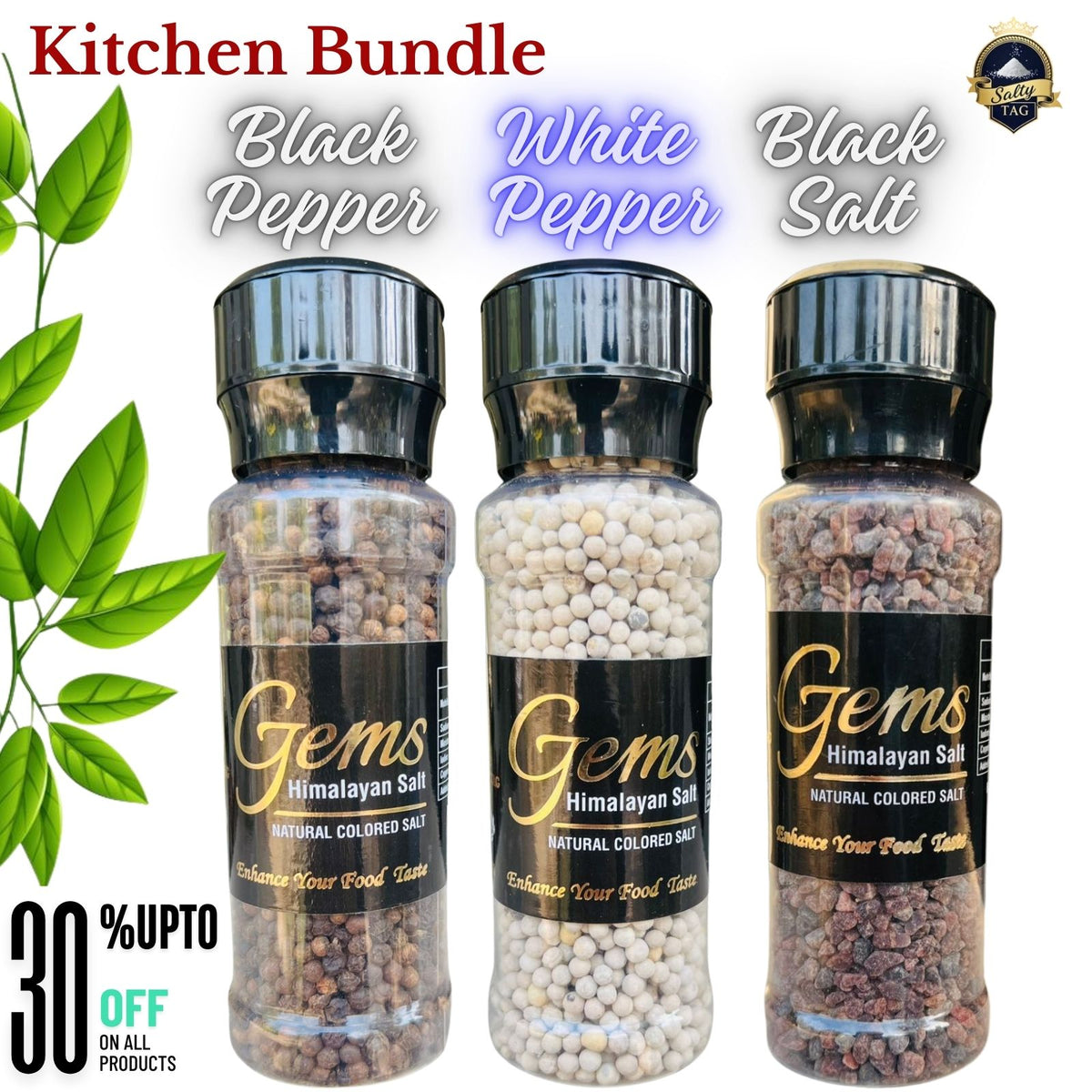 Bundle of 3 , Black Salt, Black Pepper, White Pepper With Grinder Jar