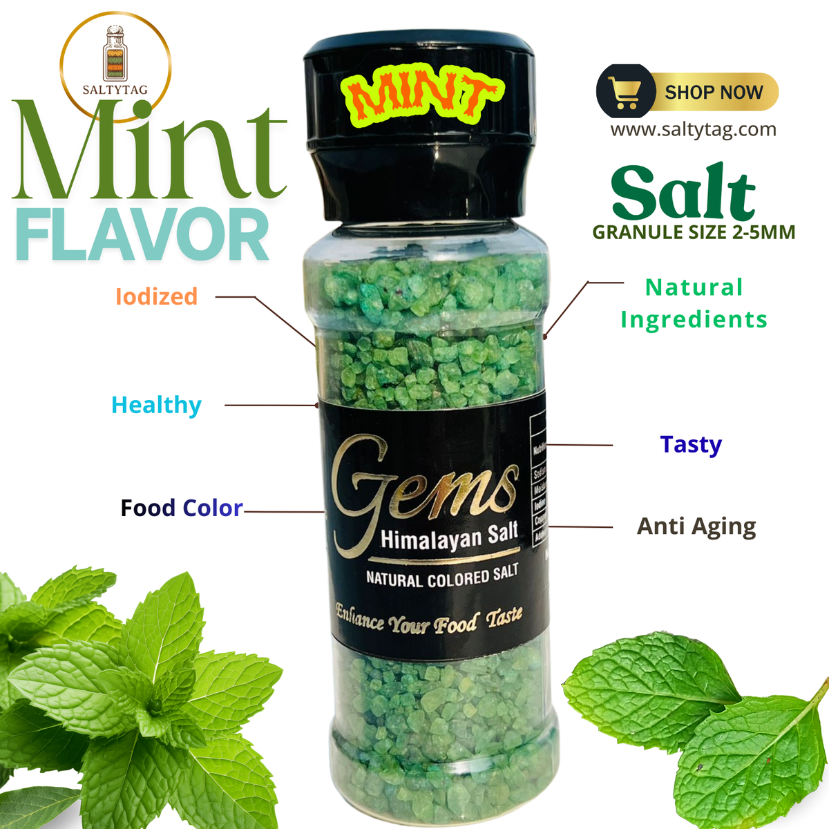 Mint Flavor Natural Himalayan Salt With Grinder