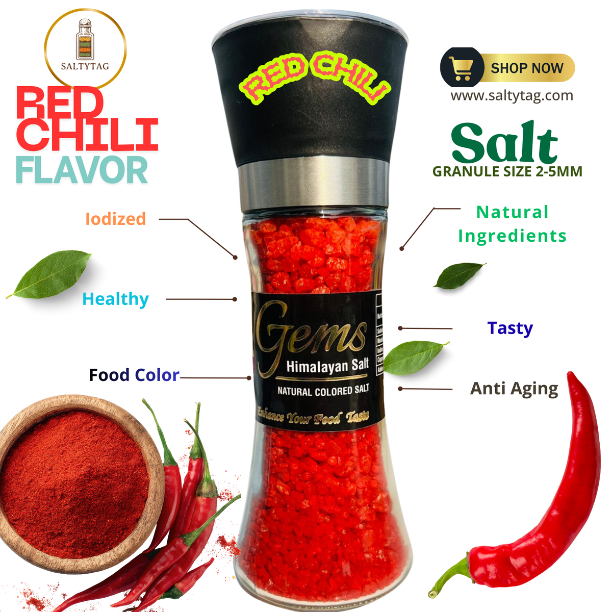 Red Chili Flavor Natural Himalayan Salt With Grinder