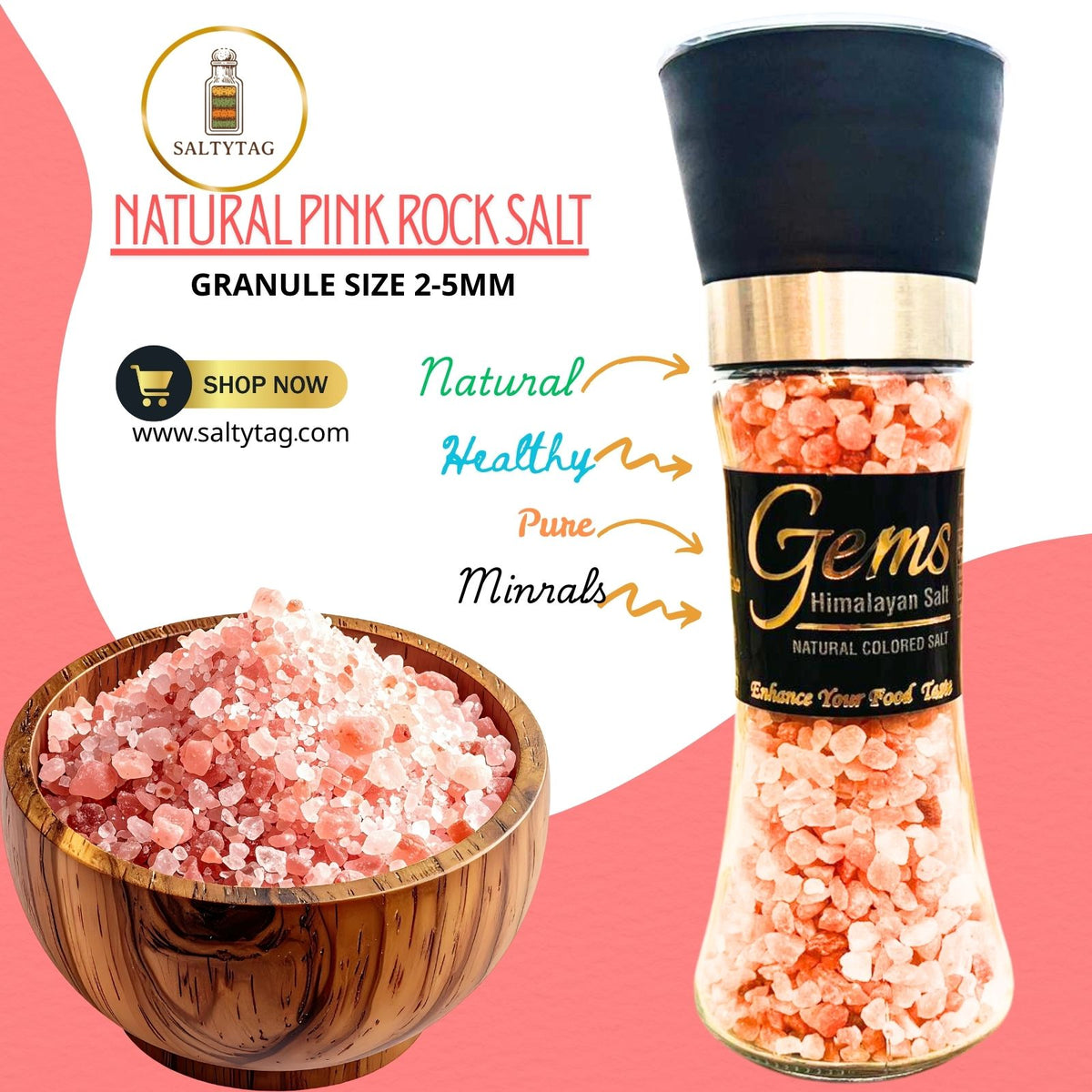 Gems Pink Natural Himalayan Salt With Grinder in Glass Jar