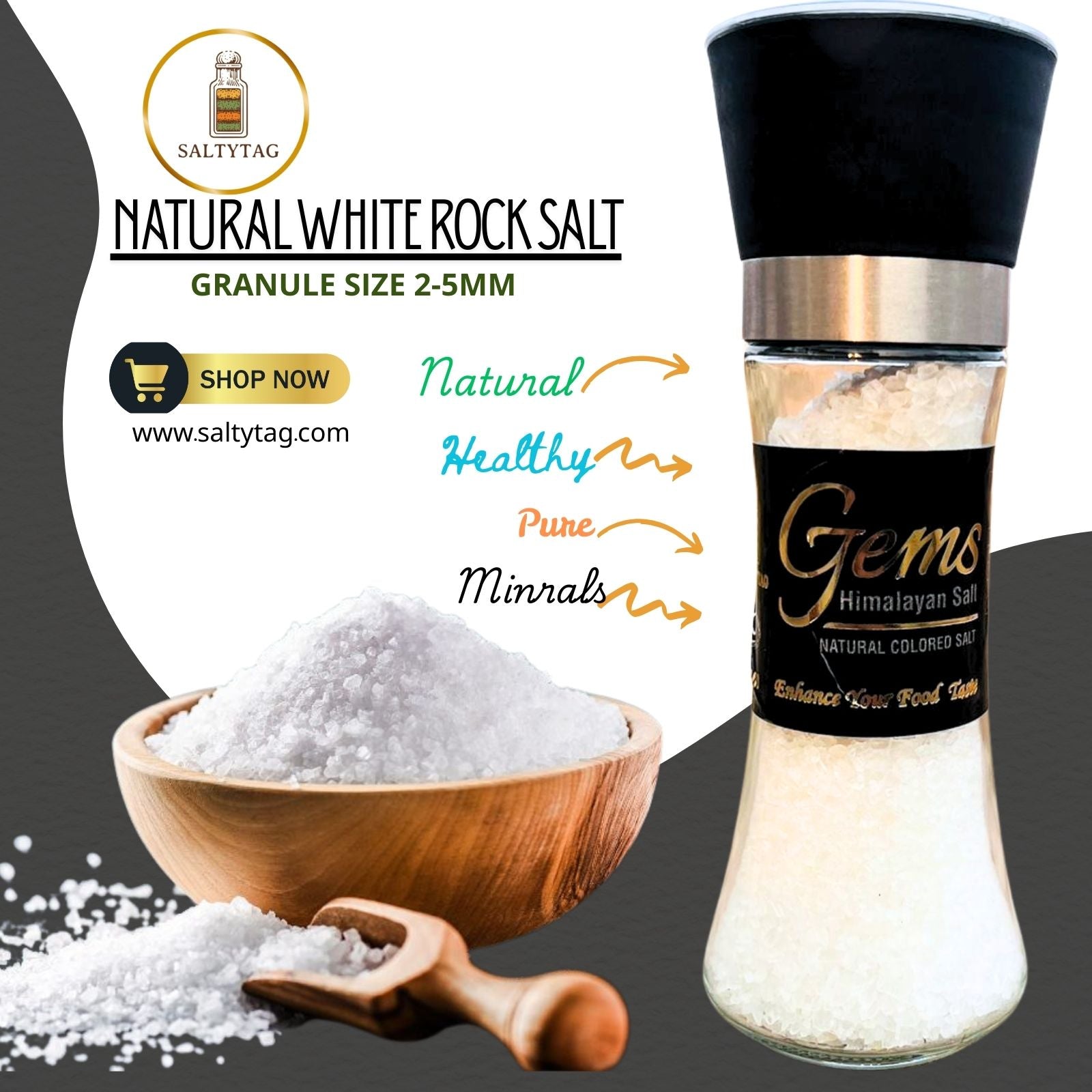 Gems Pristine White Himalayan Salt With Grinder in Glass Jar