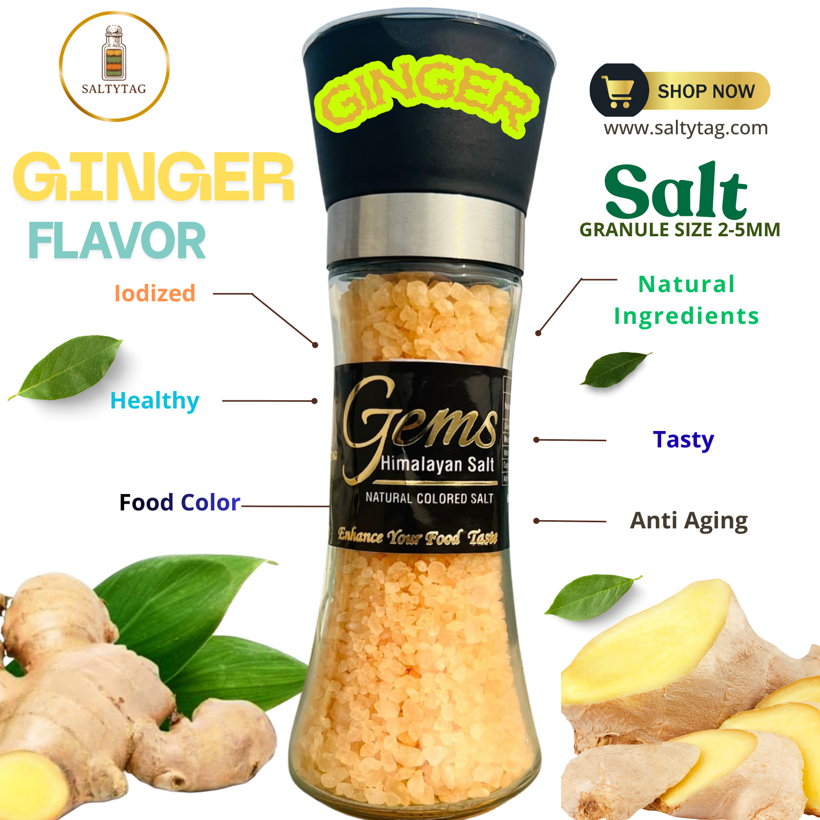 Ginger Flavor Natural Himalayan Salt With Grinder