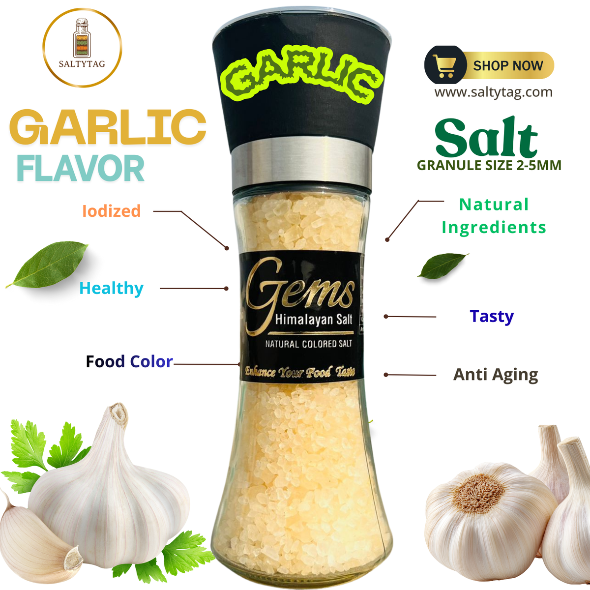 Garlic Flavor Natural Himalayan Salt With Grinder
