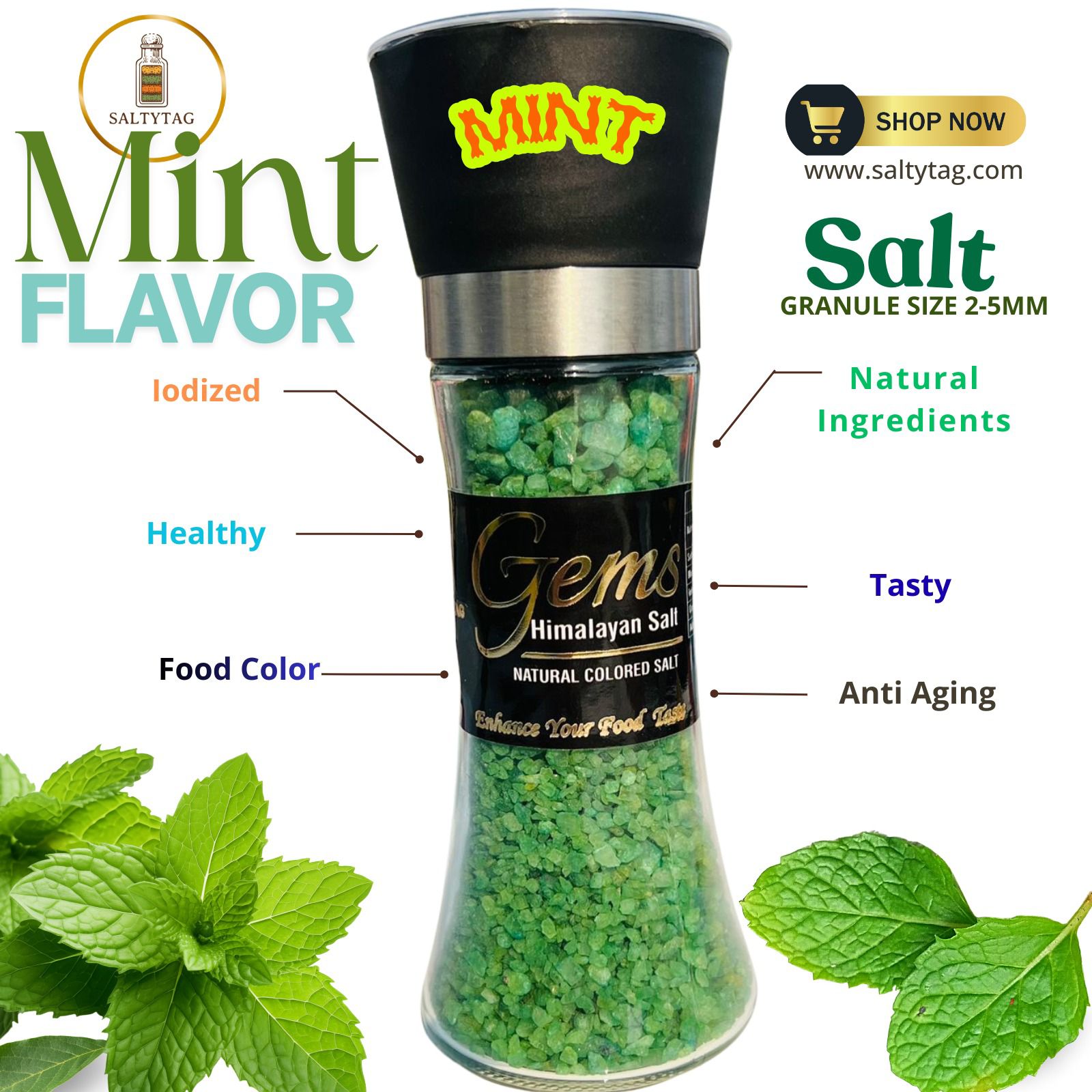 Mint Flavor Natural Himalayan Salt With Grinder